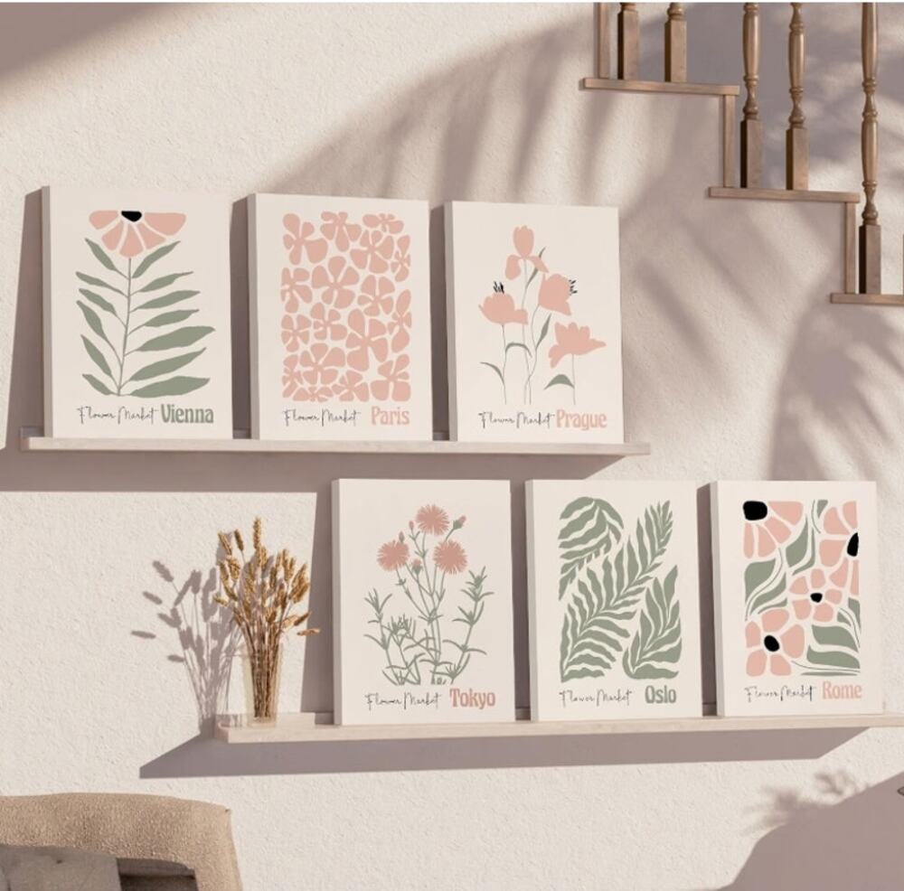 Baccone Boho Botanical Floral Wall Art 6-Piece Canvas Set 12x16 Blush Pink